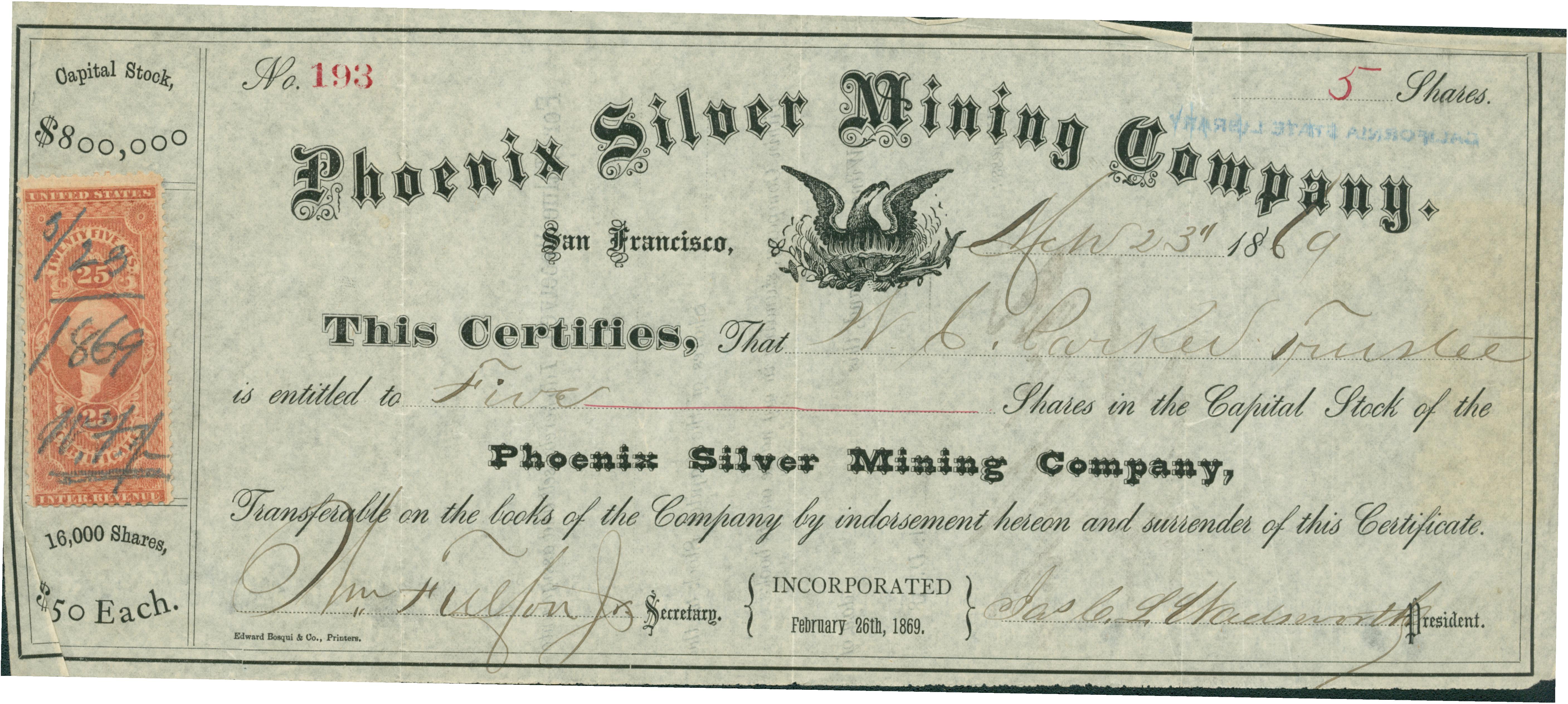 Certificate, No. 193, for 5 Shares, signed by W. C. Parker.  Edward Bosqui & Co., Printers.